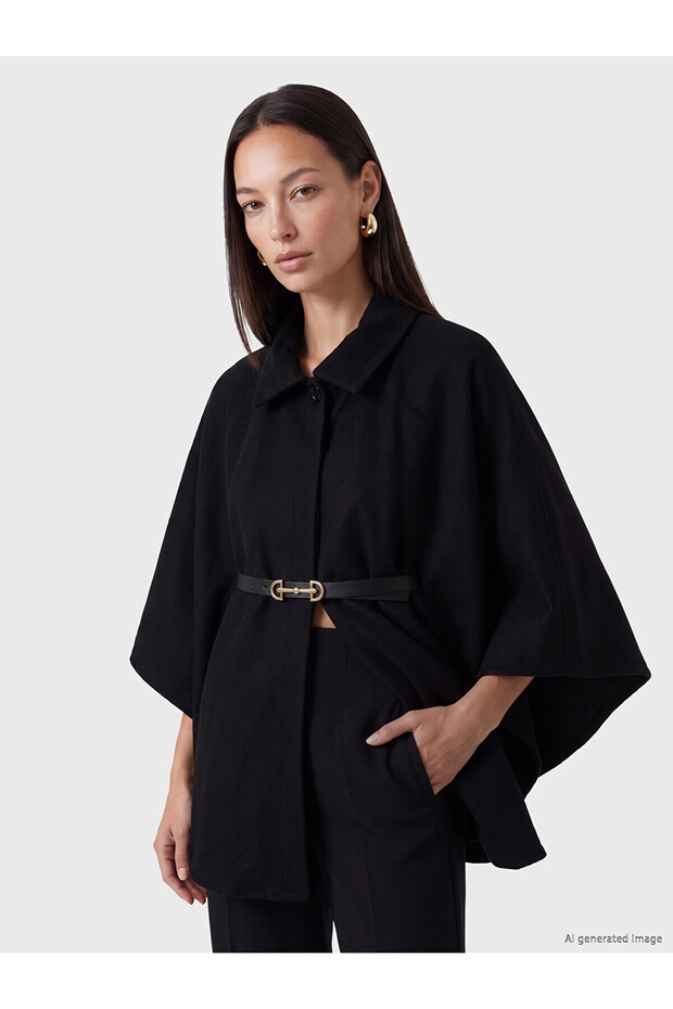 Two Mt Shop Quality Black Belted Women's Cashmere Poncho Coat