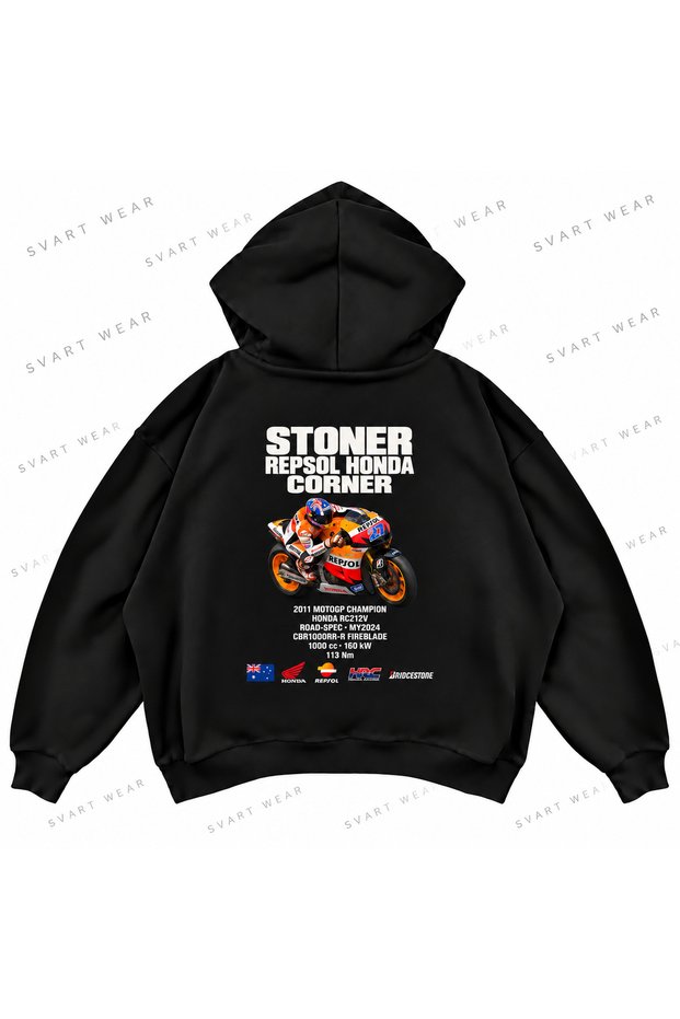 Casey Stoner · Honda Rc212V · 2011 Front and Back Printed Black Oversize Boxy Hoodie