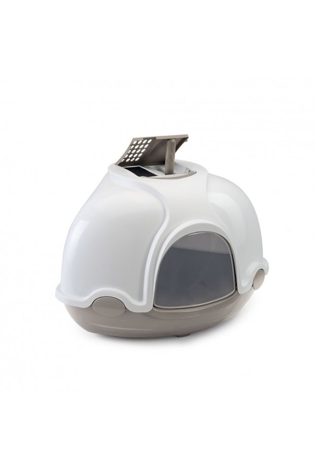 Ginger - Hooded Corner Shaped Litter Tray[Dimension - 52X52X44.5 Cm, Color - Grey&White]