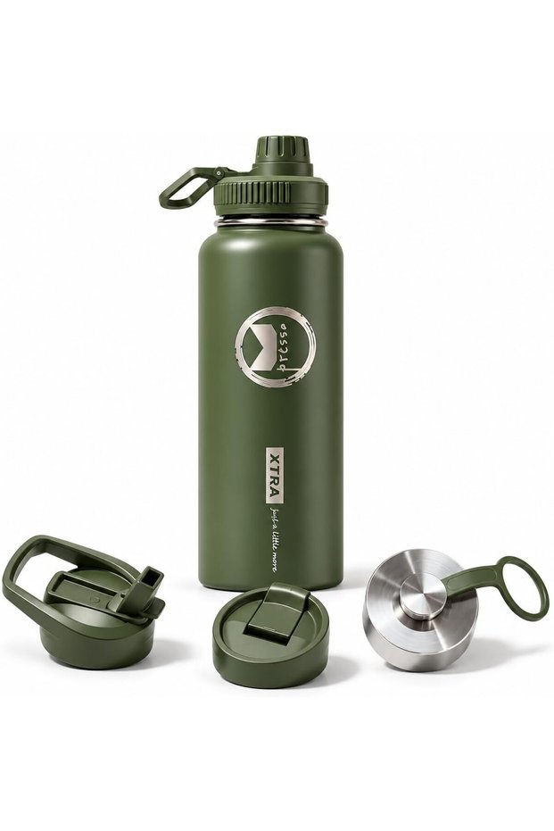 1180ml Vacuum Insulated Water Bottle, 4 Lids, 18/8 Stainless Steel, 24H Cold 12H Hot, Military Green W1267E -GN