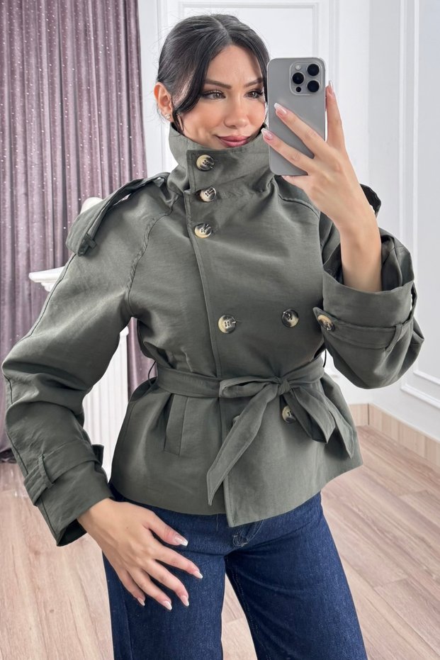 Women's Winter Khaki Stand Collar Raglan Sleeve Short Trench Coat 8646