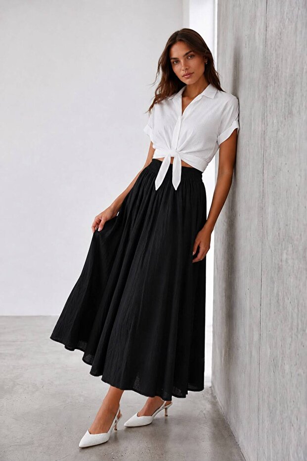 Women's Elastic Waist A-Line Maxi Length Bell Skirt A-009385