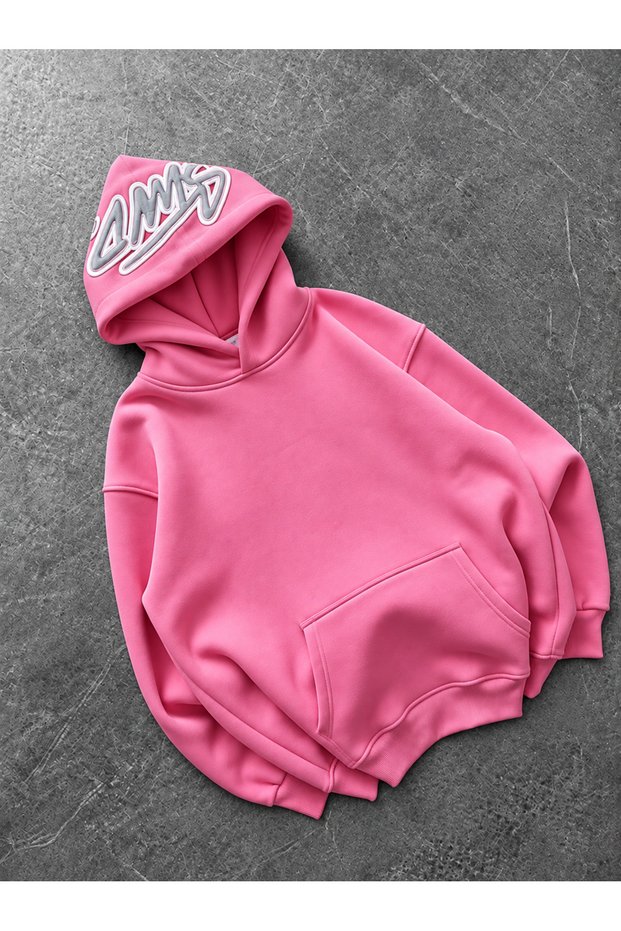 Unisex Oversize Pink 3 Thread Yarn Printed Hooded Sweatshirt with Kangaroo Pocket and "Slogan Written on the Hood and Chest"