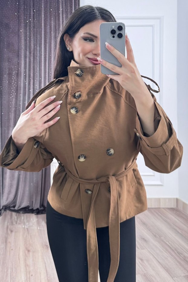 Women's Winter Milk Coffee Color Stand Collar Raglan Sleeve Short Trench Coat 8646