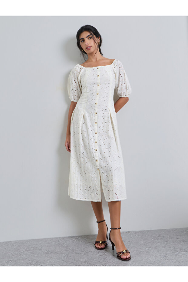 Off White Embroidered Square Neck A-Line Midi Dress