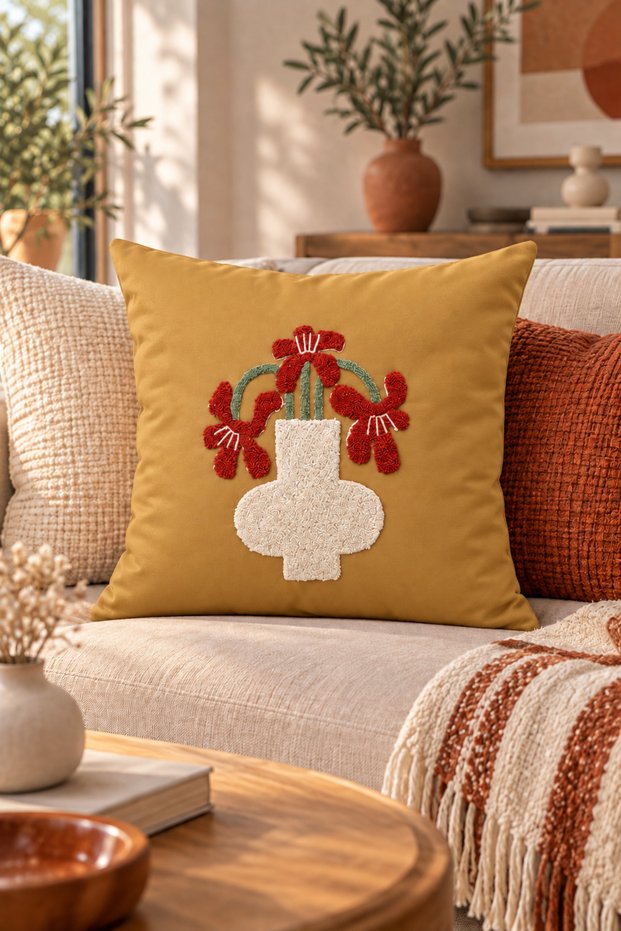 Punch Embroidered Throw Pillow Cover - 43*43 cm - Mustard Floral - Pnk001