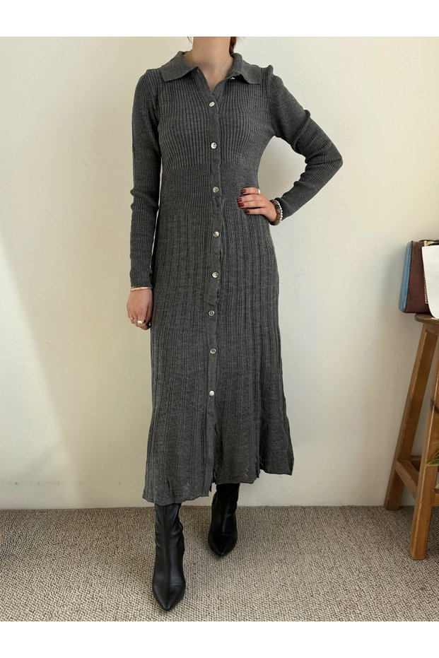 Ribbed Mercerized Knitwear Dress - 2405 - Gray
