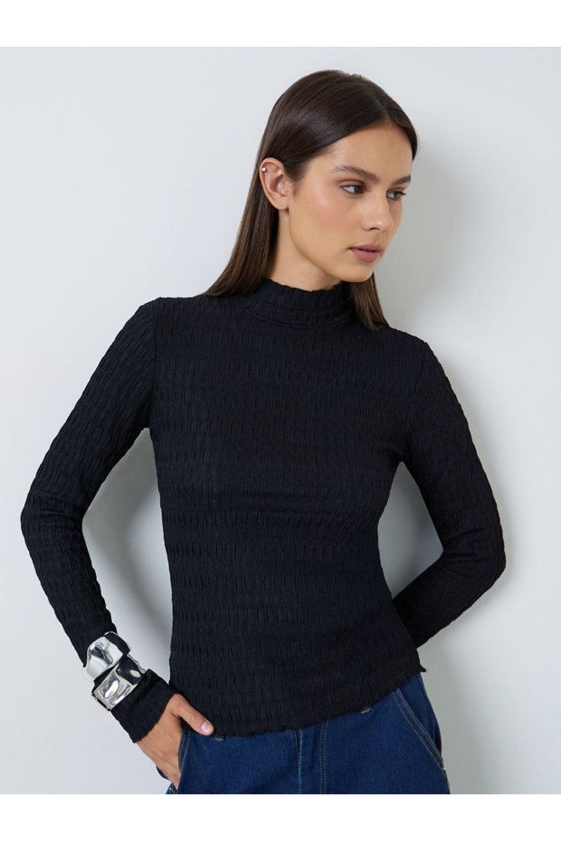 Black High Neck Textured Knit Top