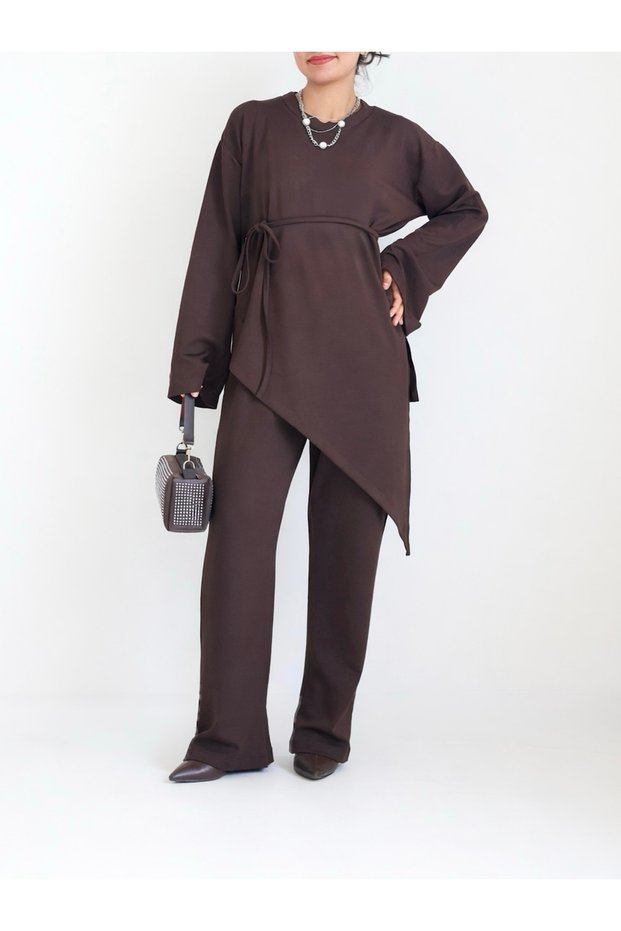 Asymmetrical Cut Oysho Suit with Piping Belt - Hpm - Bitter Brown