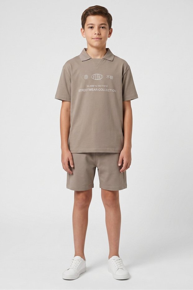 Kids Boy 2 Pieces Short Sleeve Polo Shirt And Shorts Set, Taupe
