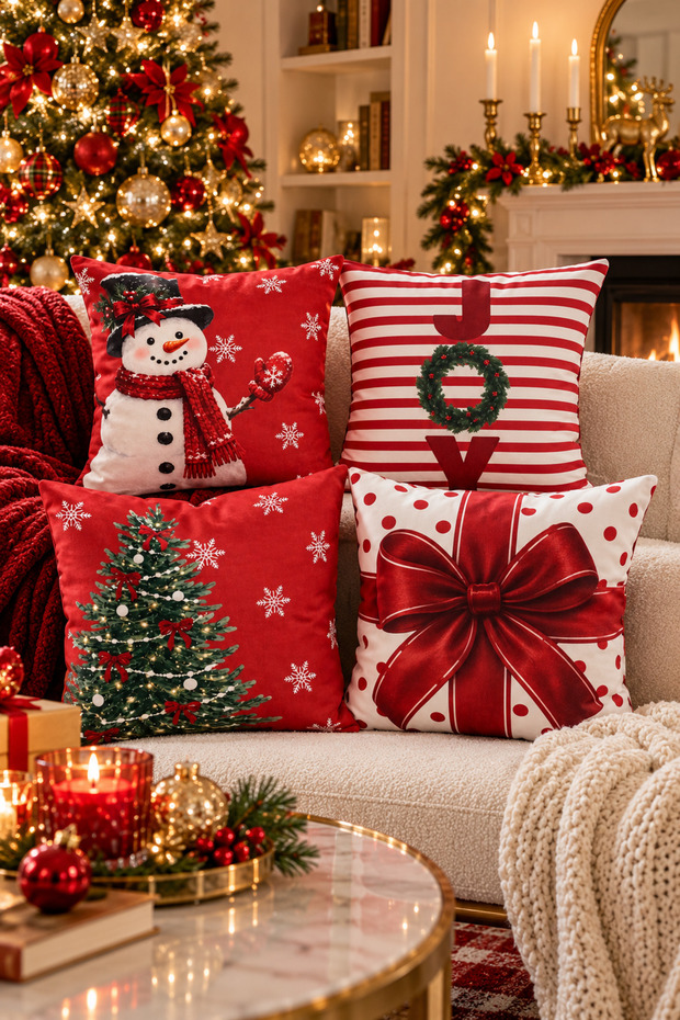 Double-Sided Printed Holiday Patterned Set of 4 Suede Throw Pillow Covers - New Year - Christmas