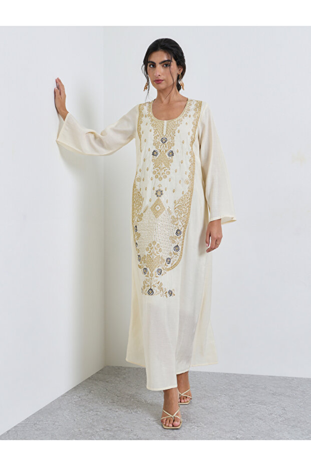 Cream Scoop Neck Jalabiya with Thread Embroidery