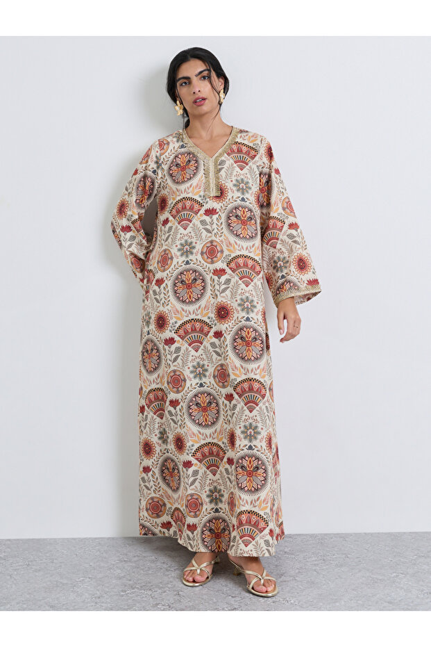 Beige All Over Front Embroidered Panel Jalabiya
