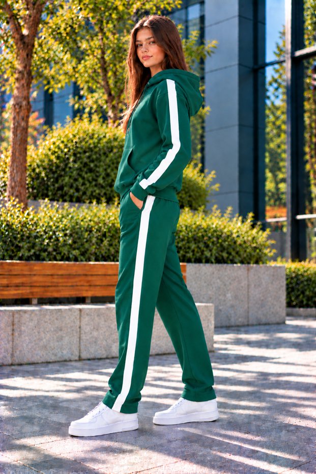Women's Striped Detail Hooded Rubberized Leggings Track Suit Set