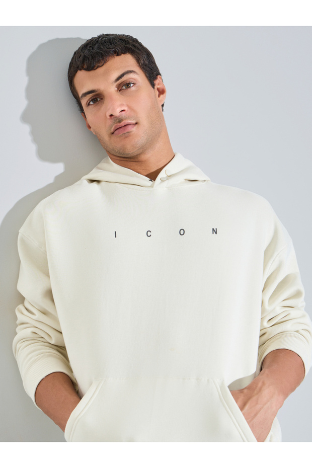 Men Cream Oversized Text Print Fleece Hoodie