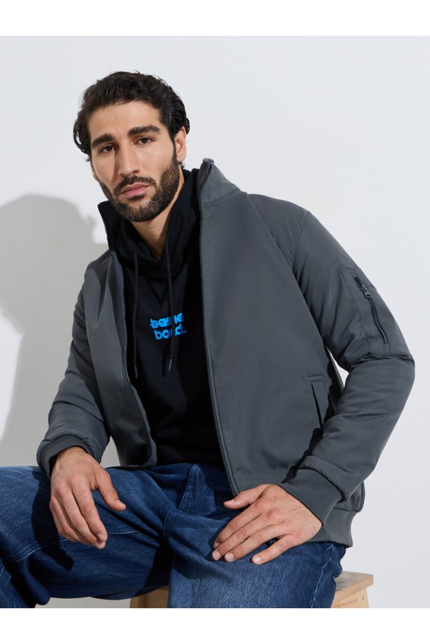 Men Charcoal Zip-Up Bomber Jacket