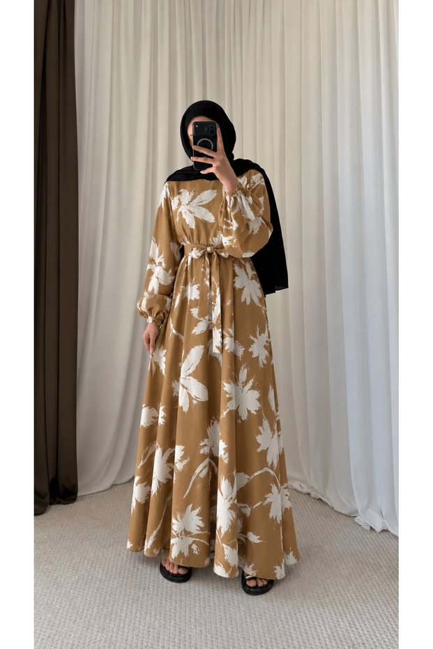 Brush Patterned Belted Dress - Camel