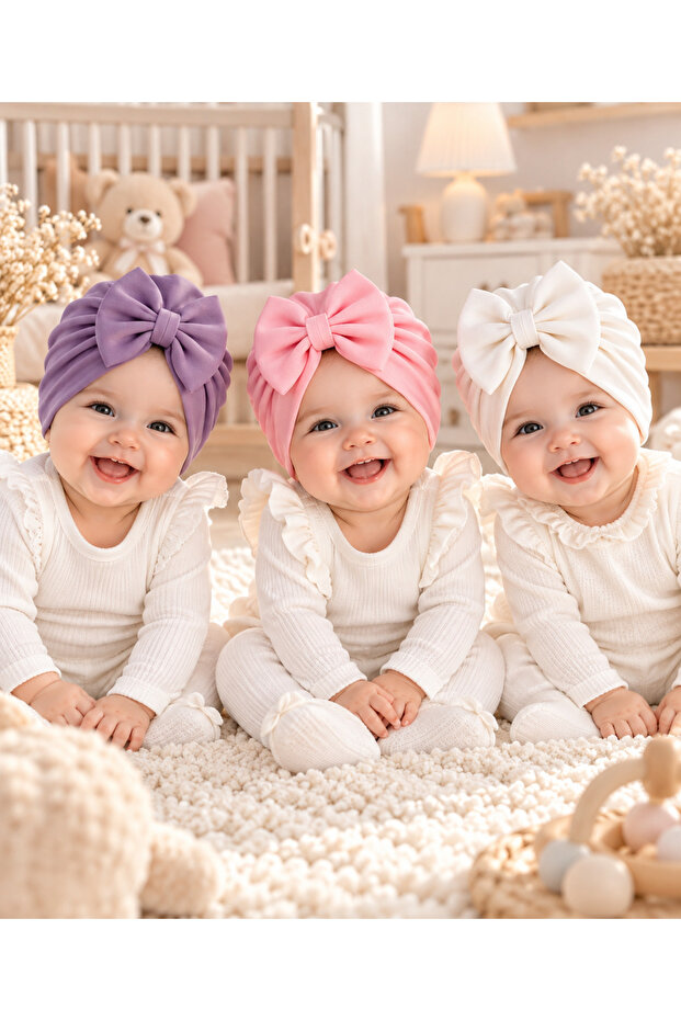Newborn Baby Girl 3-Piece Set / Girl's Bowknot Double Layer Bonnet, Suitable for Use between 0-12 Months