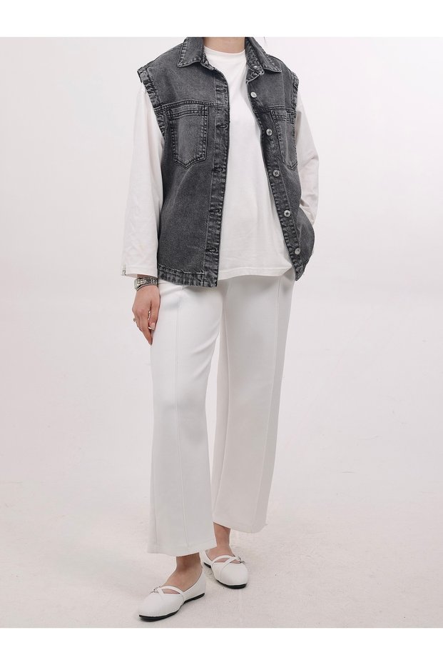 Shirt Collar Short Jean Vest - Anthracite