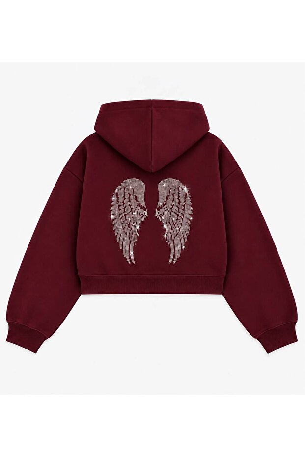 Women's Angel Wing Stone Printed Hooded Oversize Crop Sweatshirt