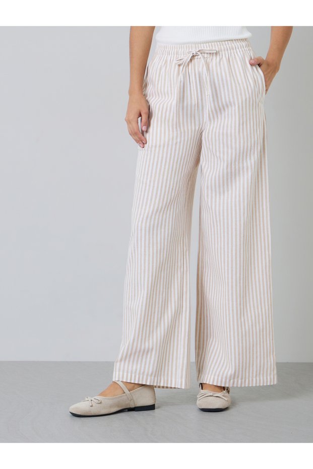 Beige Striped Wide-Leg Drawstring Pants