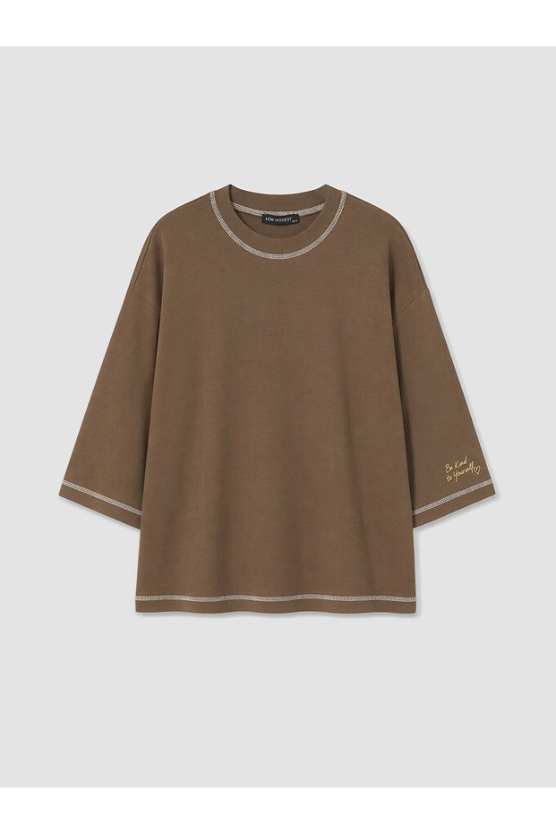 Two Mt Shop Quality Lcw Modest Brown Combed Cotton Embroidered Oversize Three-Quarter Sleeve Women's T-Shirt