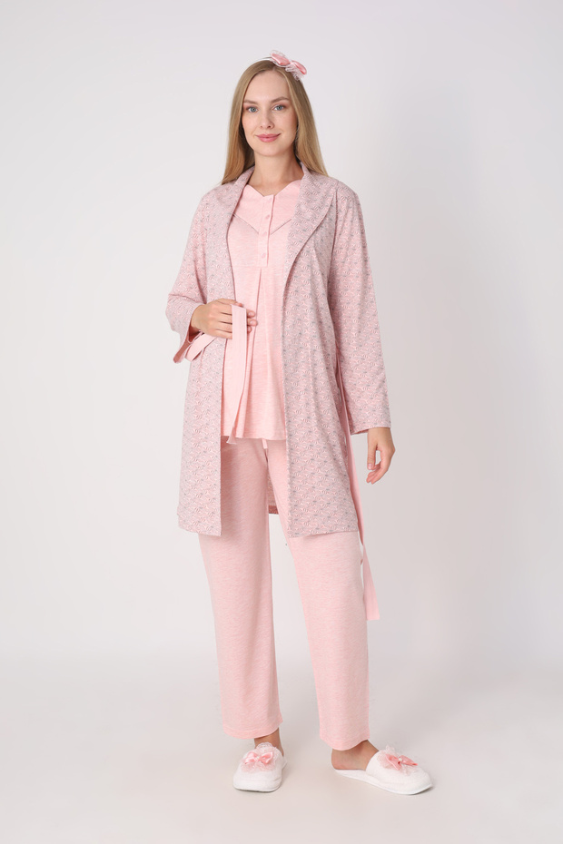 Maternity Pajama and Robe Set – 3-Piece Maternity Set, Geometric Pattern Robe and Top with Piping Detail