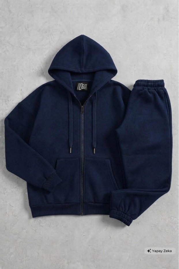 Unisex Navy Blue Zippered Hooded Jacket Navy Blue Sweatpants Set