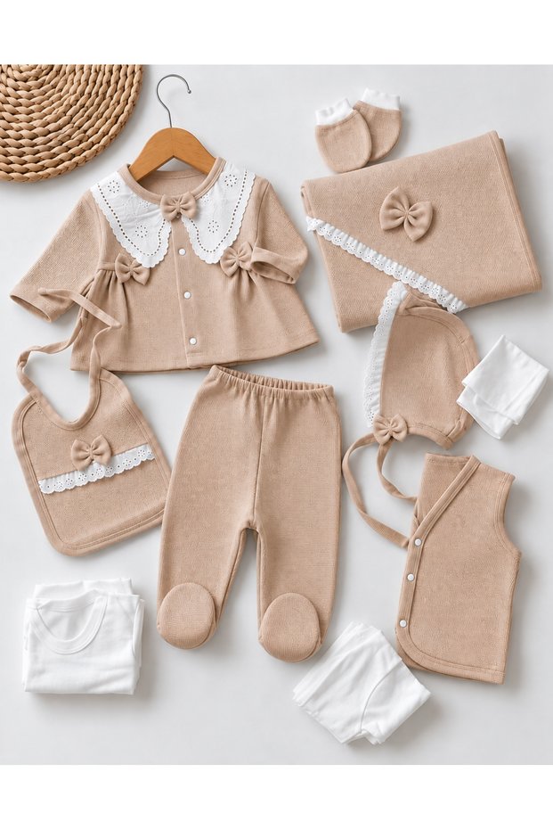100% Cotton 10-Piece Newborn Baby Girl Hospital Discharge Bodysuit Set with Baby Collar and Blanket