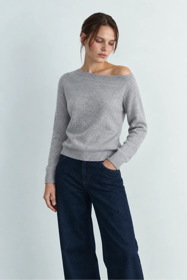 Women's Gray Melange Boat Neck Soft Textured Knitwear Sweater