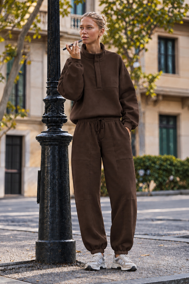 High Collar Half Zipper Oversize Low Shoulder Viscose Blend Women's Sweatshirt