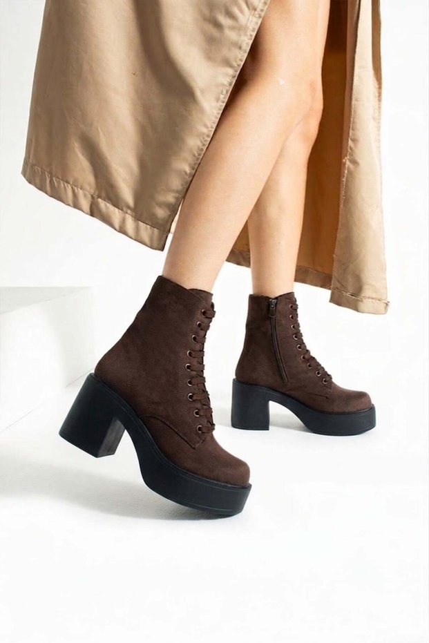 Melvian Women's Bitter Brown Luxury Suede Lace-Up Zippered Fur Inside 8 cm Thick Heeled 3 cm Platform Boots