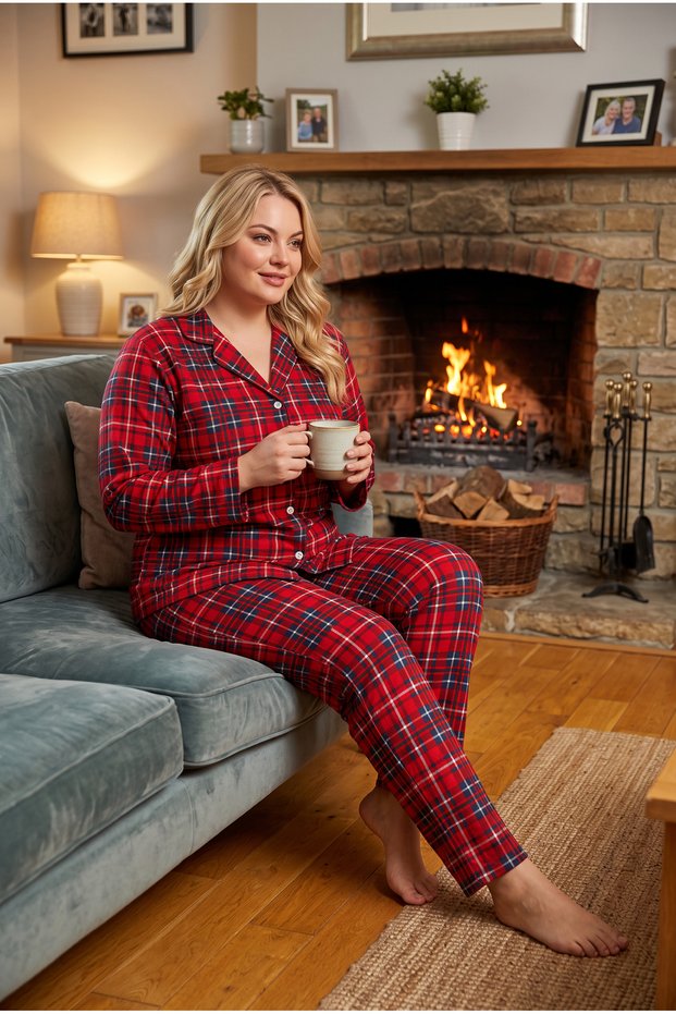Women's Plus Size Milan Patterned Long Sleeve Shirt Collar Front Buttoned Bottom Top Pajama Set 3Xl-5Xl