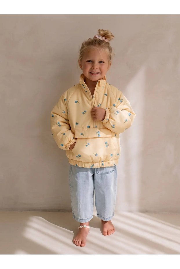 Girl's Yellow Floral Patterned Half-Zipper Seasonal Coat with Kangaroo Pockett
