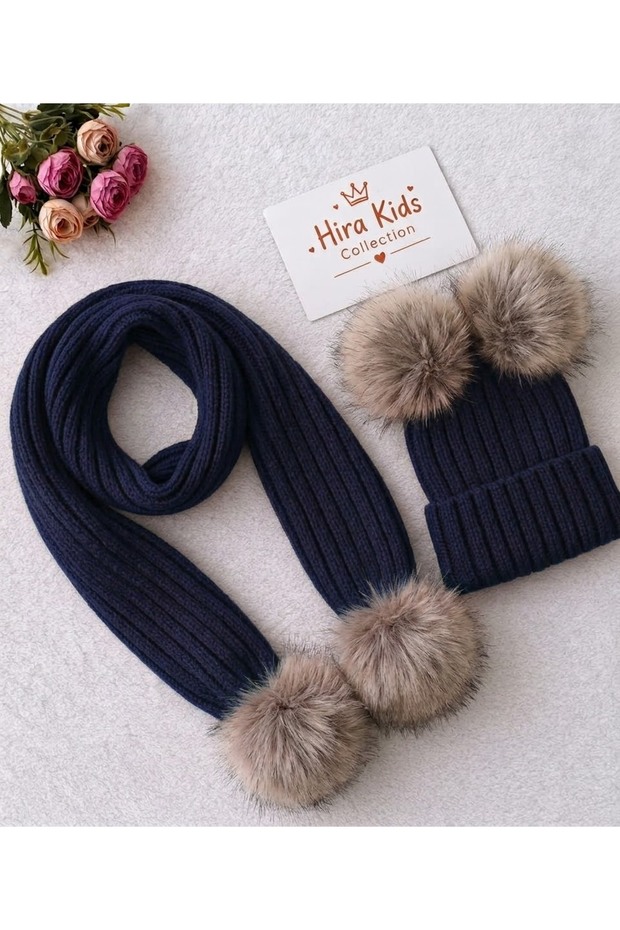 Baby-Children's Double Pompom Knitwear Scarf and Beanie Set