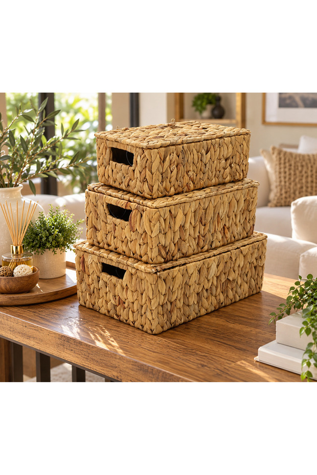 3-Piece Wicker Handmade Knitted Basket Box Set with Lid, In-Cabinet Bathroom Organizer, Multi-Purpose Organizer