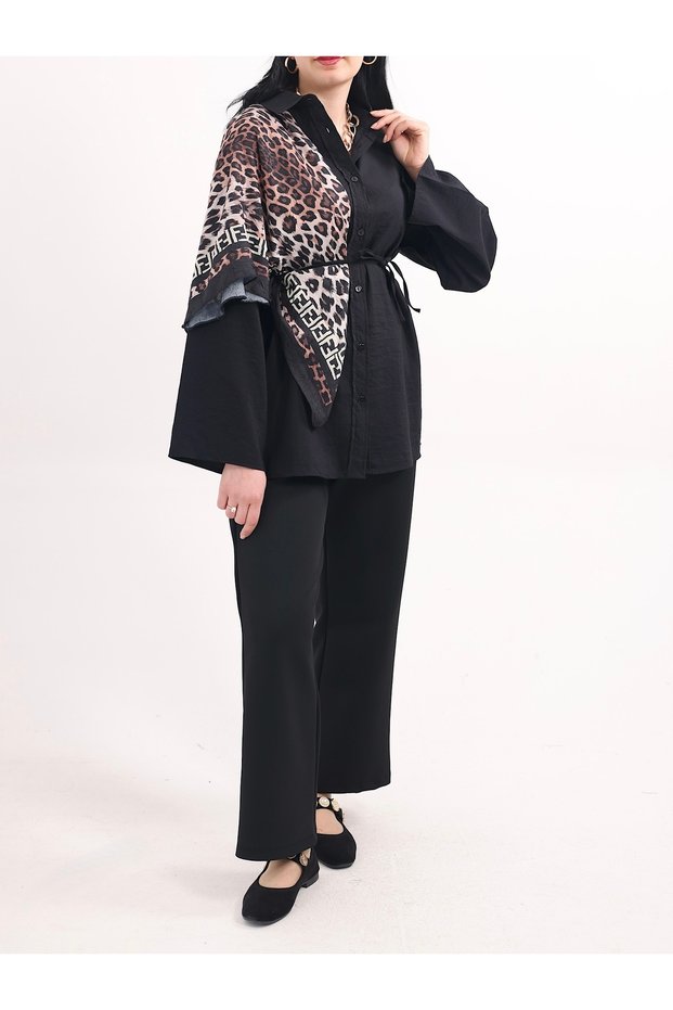 Oversize Tunic Shirt with Piping Belt - 514574 - Black