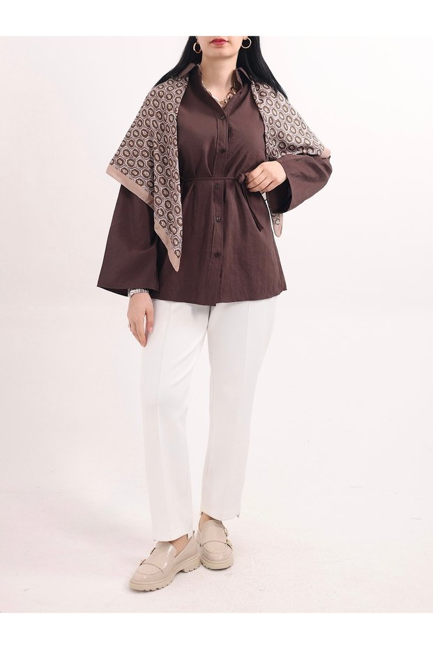 Oversize Tunic Shirt with Piping Belt - 514574 - Bitter Brown