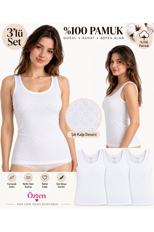Özten 3-Piece Women's Cotton Heart Patterned Thick Strap Tank Top Set