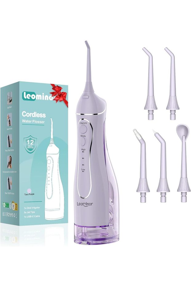 Leominor Water Dental Flosser Pick for Teeth, 300ML Portable Oral Irrigator Upgraded Tank Removable,IPX7 Waterproof, Rechargeable Travel Teeth Cleaner, Professional Electric Flossing Machine(T-Purple)