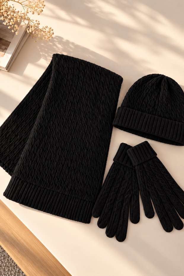 Women's Knitted Scarf, Beanie, Gloves 3-Piece Winter Accessory Set