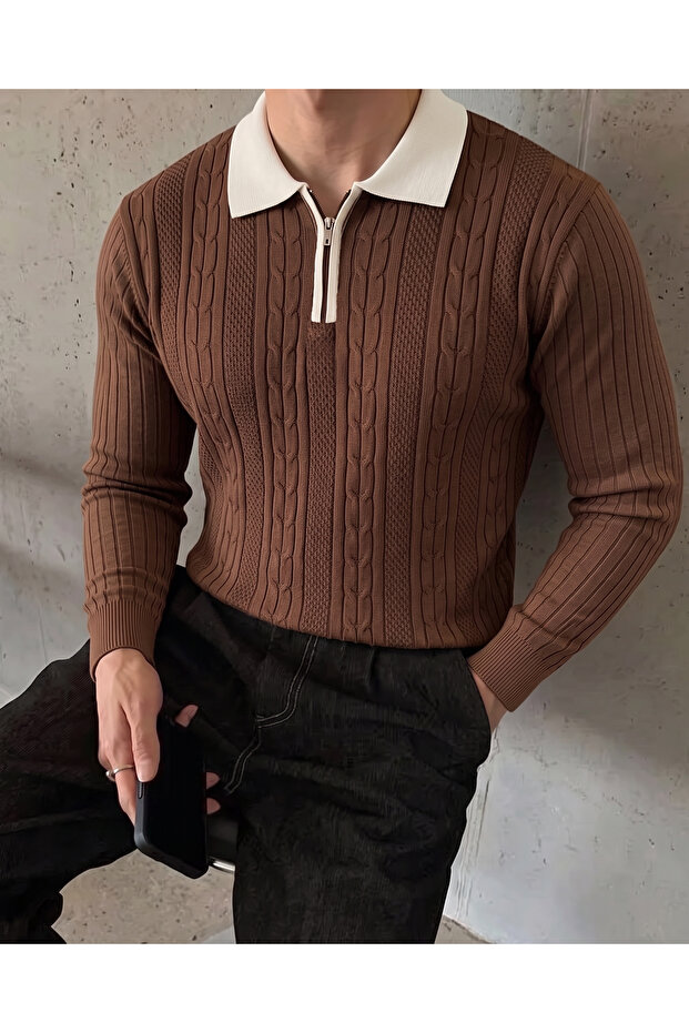 Polo Collar Polyemit Knitwear Regular Knitted Tok Fabric Zippered