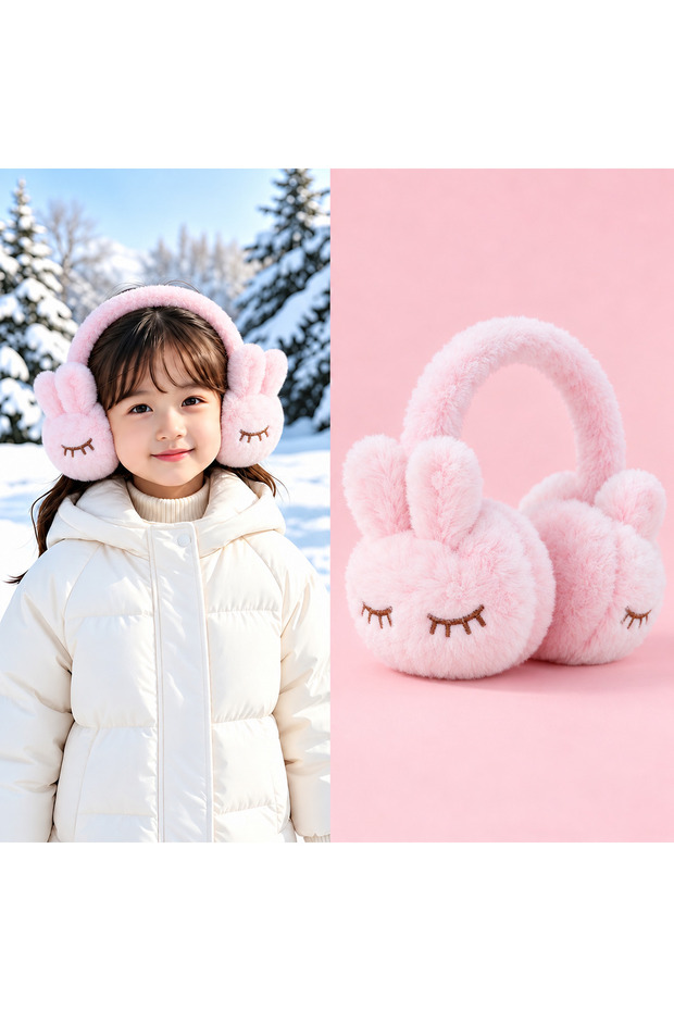 Cute Rabbit Ears Pink Young Girls' Plush Earmuff Cat Furry Bowknot Winter Ear Warmer Hat Cold-Proof