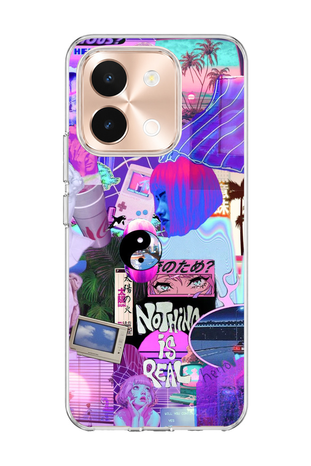 Vivo Y28 Compatible Purple Sculpture Palm Printed Transparent Phone Case