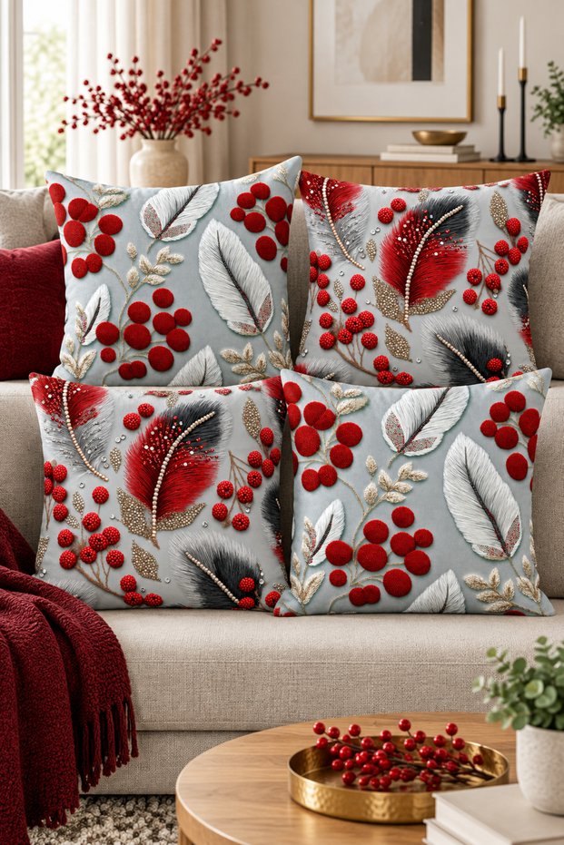 **Red and White Feather and Fruit Patterned 3D Embroidery Look Decorative Cushion Cover**43X43 Cm– (Double-Sided)