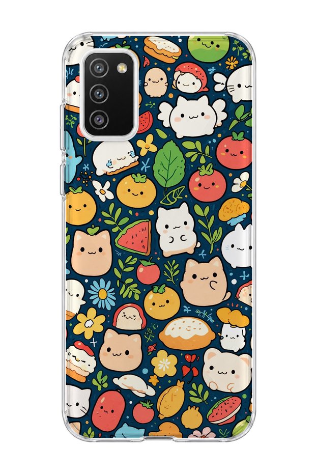 Samsung Galaxy A02S Compatible Cat Fruit Navy Blue Printed Transparent Phone Case