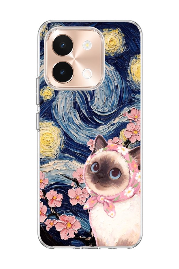 Vivo Y28 Compatible Starry Night Siamese Cat Printed Transparent Phone Case