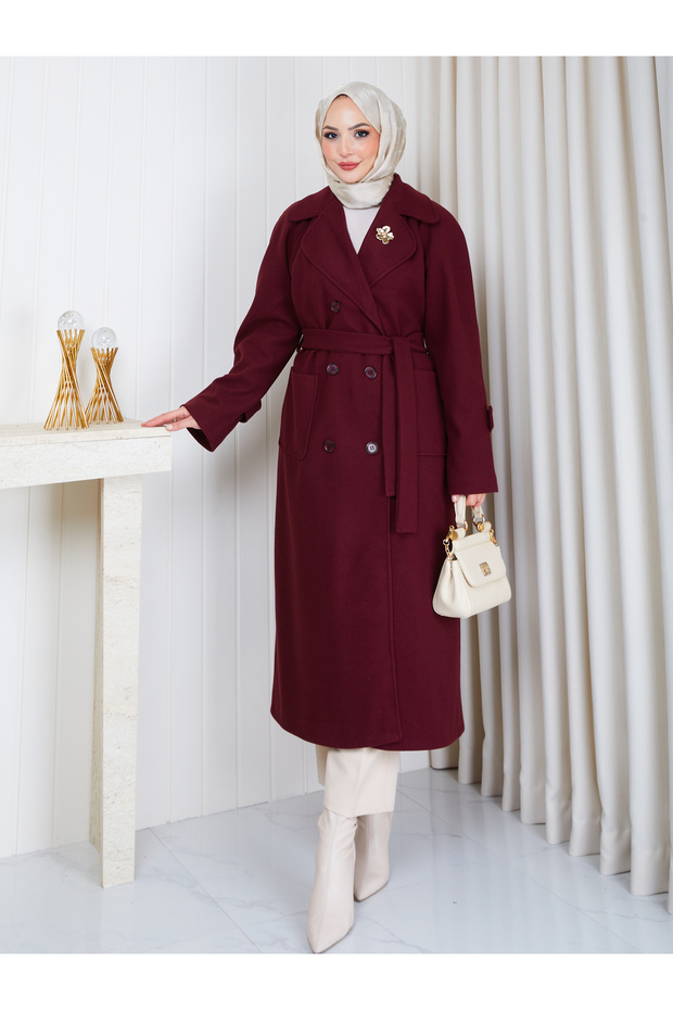 Women's Broshe-Detained Belted Lined Premium Oversize Checked Coat