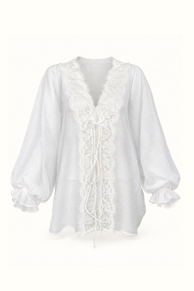 Lace Detail White Transparent Voile Shirt