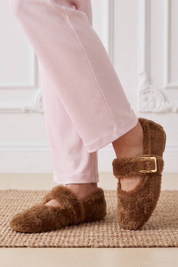 Mink Women's Plush Home Shoes - Gold Buckle Ballerina Slippers 01Nav
